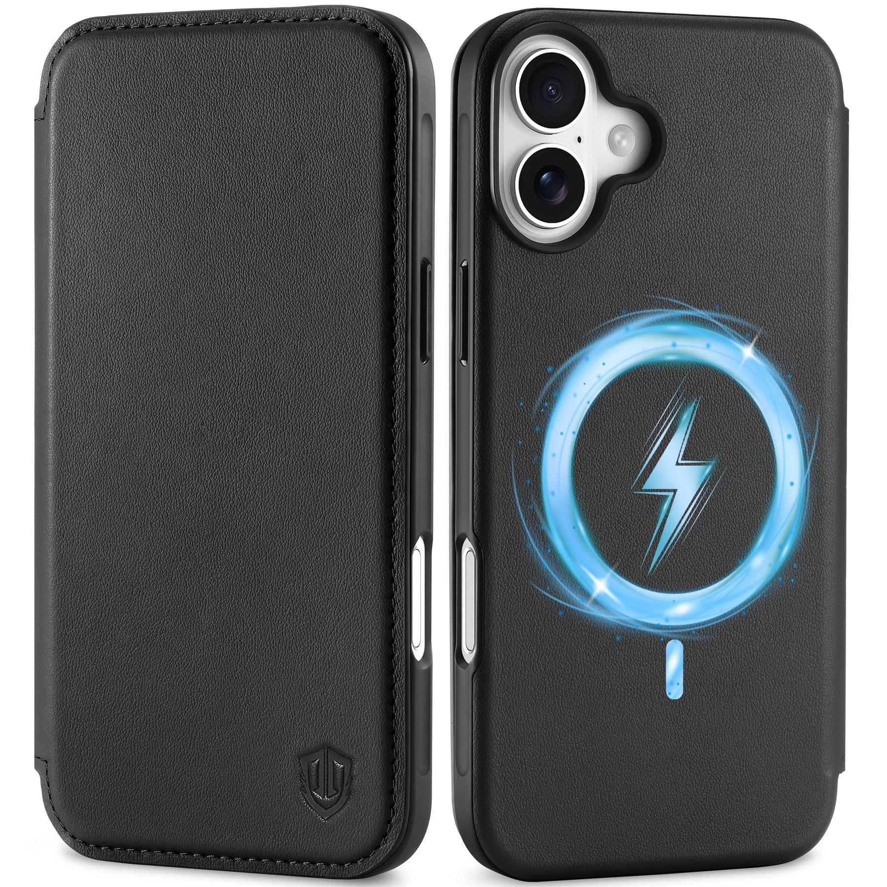 SHIELDON Case for iPhone 16 5G 6.1",Genuine Leather Slim Wallet Case with [Card Holder][RFID Blocking][Magnetic Wireless Charging] Shockproof Flip Phone Cover Compatible with iPhone 16 2024 - Black