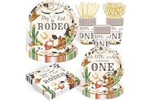 REJOICE BUNNY 120PCS My First Rodeo Party Supplies Wild West Dinnerware Party Decorations for Boys Kids 1st Birthday Western Cowboy Themed Party Paper Plates Napkins Forks Serves 20 Guests