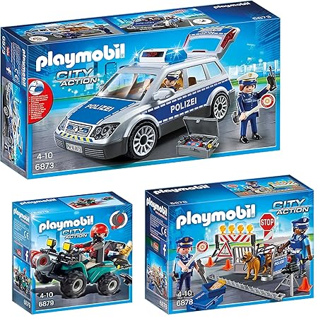 PLAYMOBIL® City Action 3er Set 6873 6878 6879 Polizei-Einsatzwagen + Polizei-Straßensperre + Ganoven-Quad mit Seilwinde