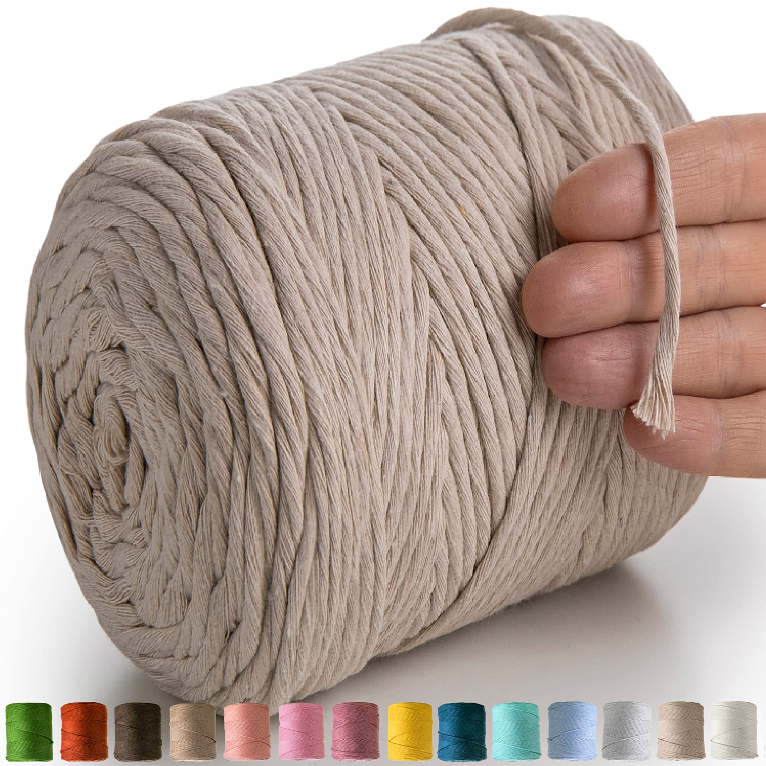 MeriWoolArt® Natural Macrame Yarn, 4 mm, Colourful, 225 m, Super Soft Cotton Yarn, Single Twisted Cord for Wall Hanging, Hanging Basket, Curtain and More DIY (Sand)