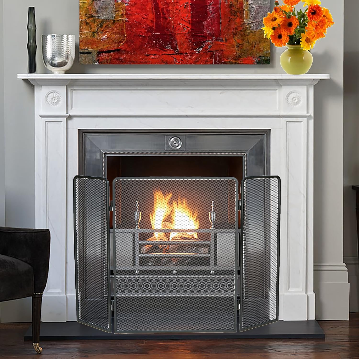 Mind Reader FIRESCREEN-BLK 3 Panel Fire Place Screen Door Panel with Double Bar Black Finish, Black: Home & Kitchen