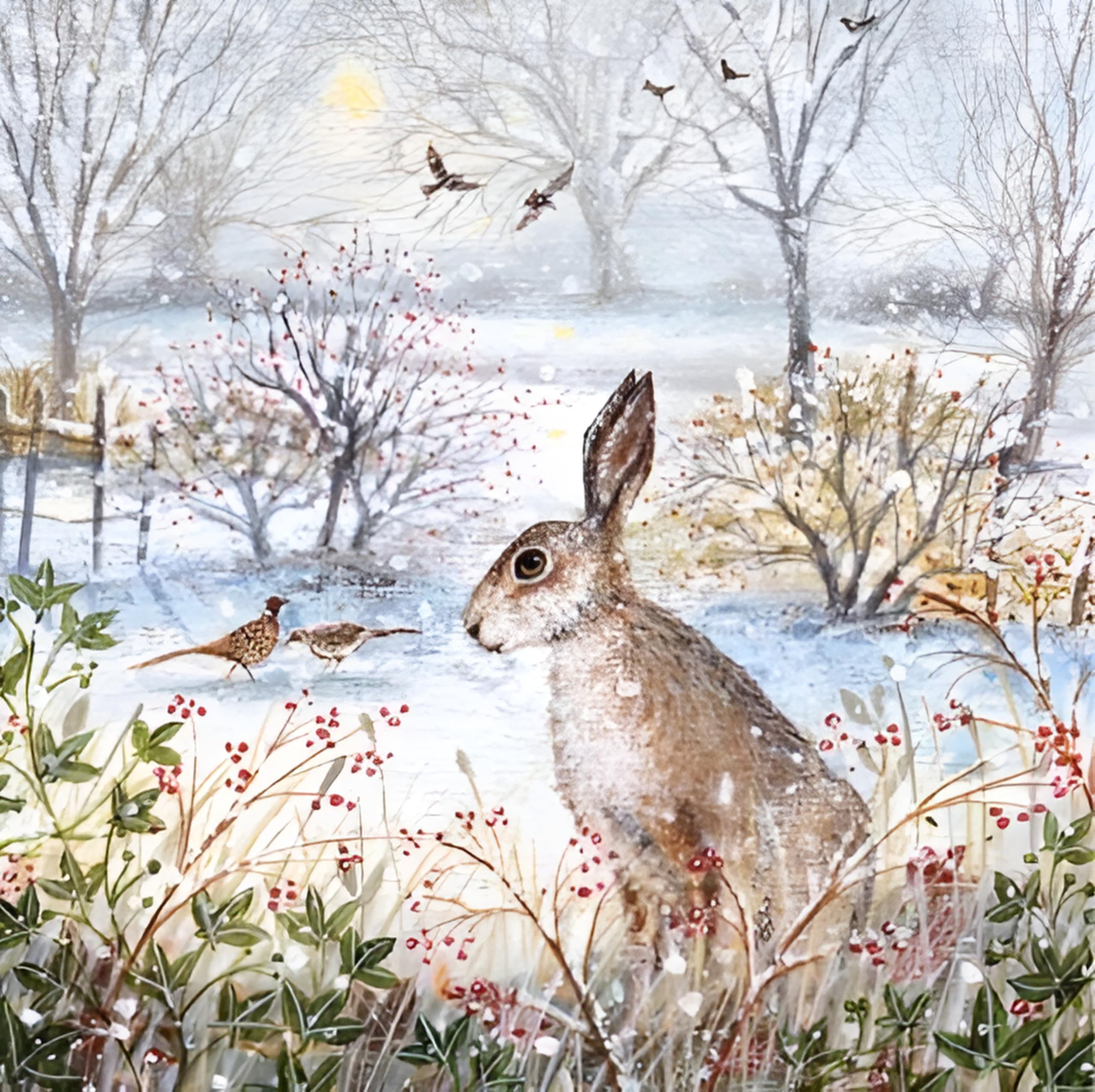 Charity Christmas Cards - Sold in Aid of Macmillan Cancer Support - Pack of 8 - Hare and Frosty Morning - Artistic Design by Lucy Grossmith - Made in the UK - Eco-Friendly