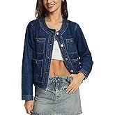 D-Sun Women Cropped Denim Jacket Collarless Button Down Long Sleeves Casual Crewneck Jean Jacket Coat with Pockets