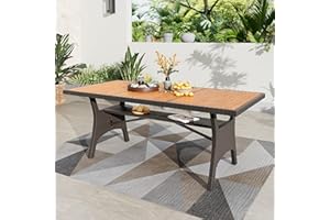 PHI VILLA Outdoor Dining Table for 6/8, 74" Rectangle Wicker Table with Acacia Wood Top & Storage Panel, Large Farmhouse Modern Furniture for Patio, Deck, Backyard, Porch