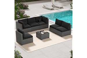 LHBcraft 7 Piece Patio Furniture Set, Outdoor Furniture Patio Sectional Sofa, All Weather PE Rattan Outdoor Sectional with Cushion and Glass Table, Clips