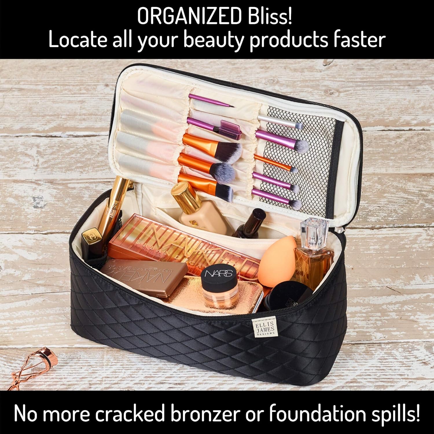 Ellis James Designs Large Travel Makeup Bag Organizer - Cosmetics Train Case Toiletry Bags for Women - Black - With Handle & Make Up Brush Holders - Professional Hair Dryer Cases & Beauty Storage : Beauty
