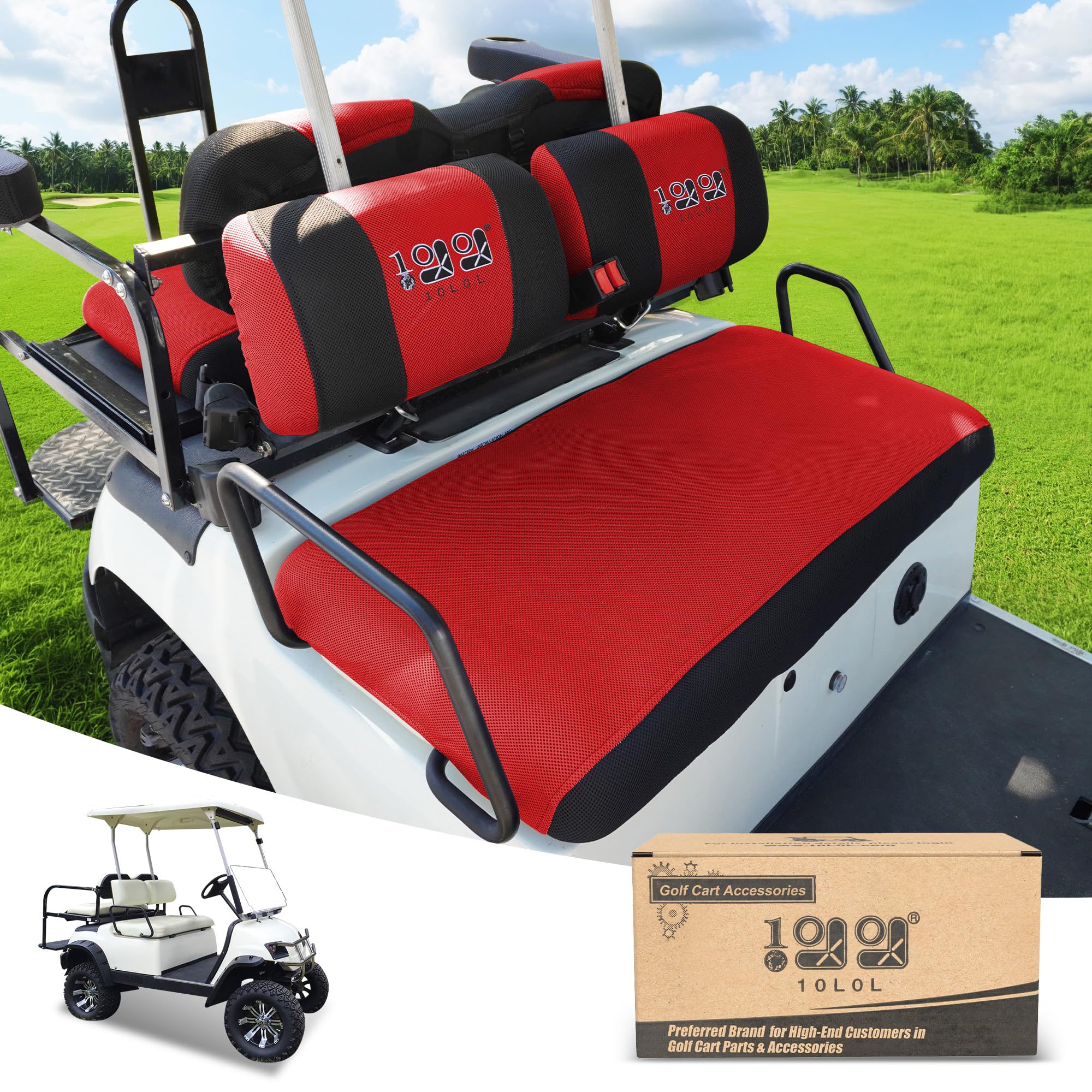 Photo 1 of 10L0L Golf Cart Front Rear Seat Covers for Yamaha G2 G8 G9 G11 G14 G16 G20 G19 G21 G22, Club Car DS Pre-2000, Tomberlin Emerge, Made of 3D Air Mesh Polyester Fabric Breathable Washable -Red