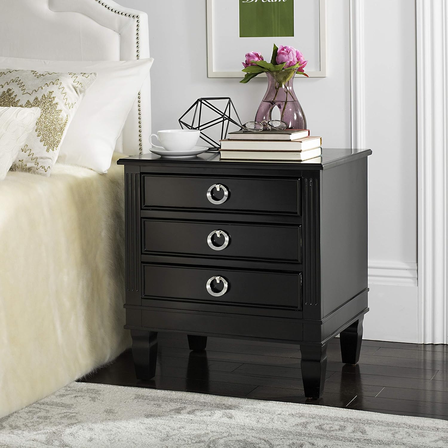 Amazon Com Safavieh Home Collection Kira Black 3 Drawer Nightstand Furniture Decor