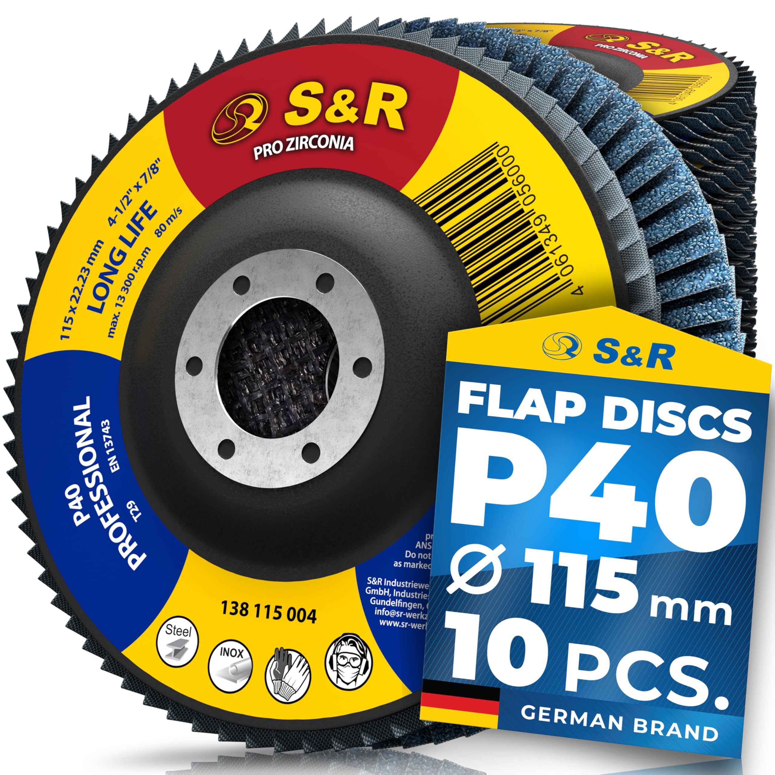 S&R Pro Zirconia Flap Discs Set of 10-115 x 22.23 mm, P40 for Steel and Stainless Steel Grinding, Professional Grinding Discs for Ultimate Precision and Durability