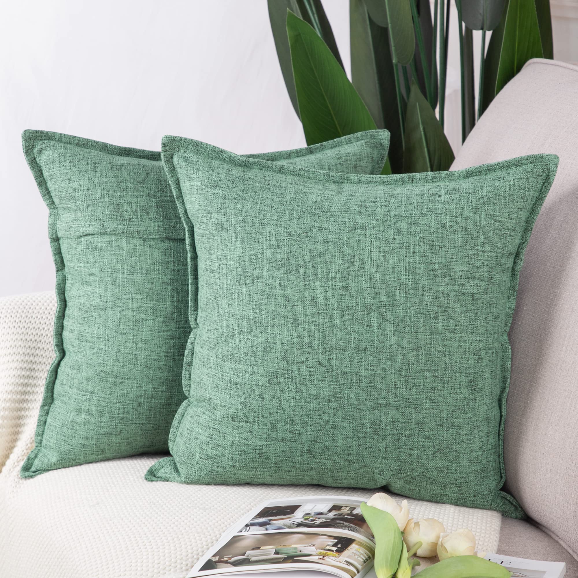 Madizz Set of 2 Faux Linen Cushion Covers 16x16 inch, 40x40 cm, Green Soft Decorative Couch Pillows for Bed Pillowcases for Sofa Livingroom Home Decor