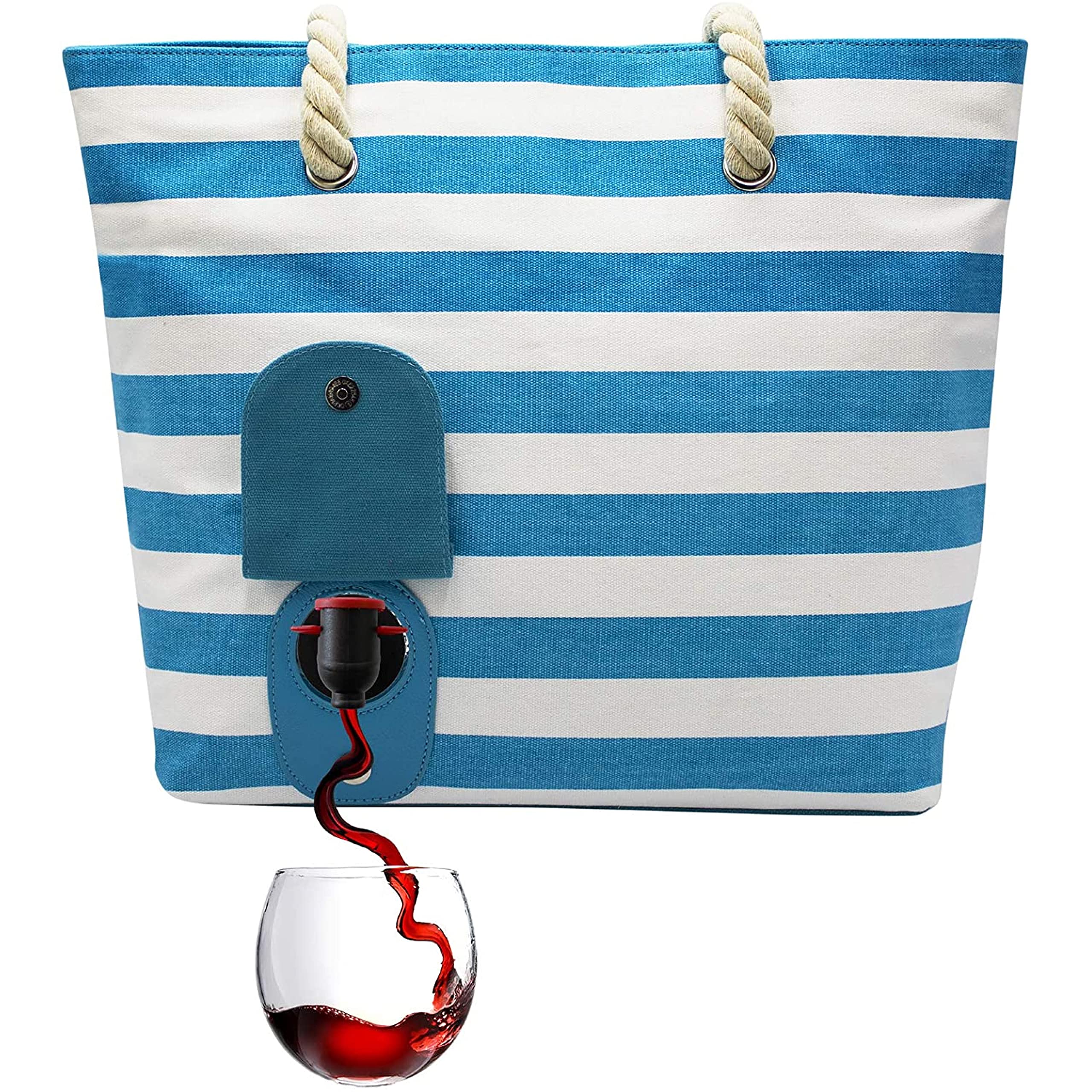 PortoVino Tote Beach Bag - Canvas Wine Purse with Hidden Spout and Dispenser Flask for Wine Lovers that Holds and Pours 2 bottles of Wine! Traveling, Concerts, Bachelorette Party - Turquoise/White