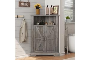 Smuxee Bathroom Corner Storage Cabinet, Farmhouse Floor Corner Cabinet with Barn Door and Adjustable Shelf, Wash Grey Narrow 