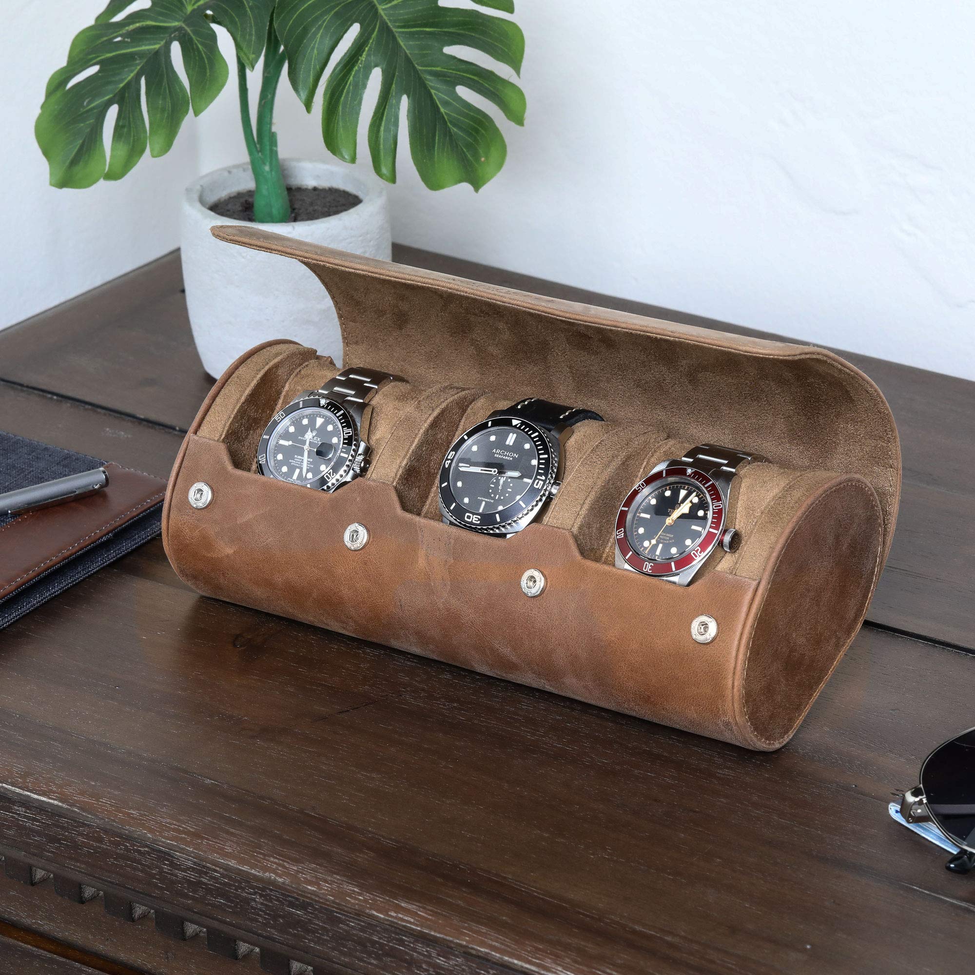 ROTHWELL Watch Roll Travel Case for 3 Watches | 100% Real Leather, Tough Portable Protection, Fits All Wrist Watch & Smart Watches Up to 50mm (Tan/Tan)