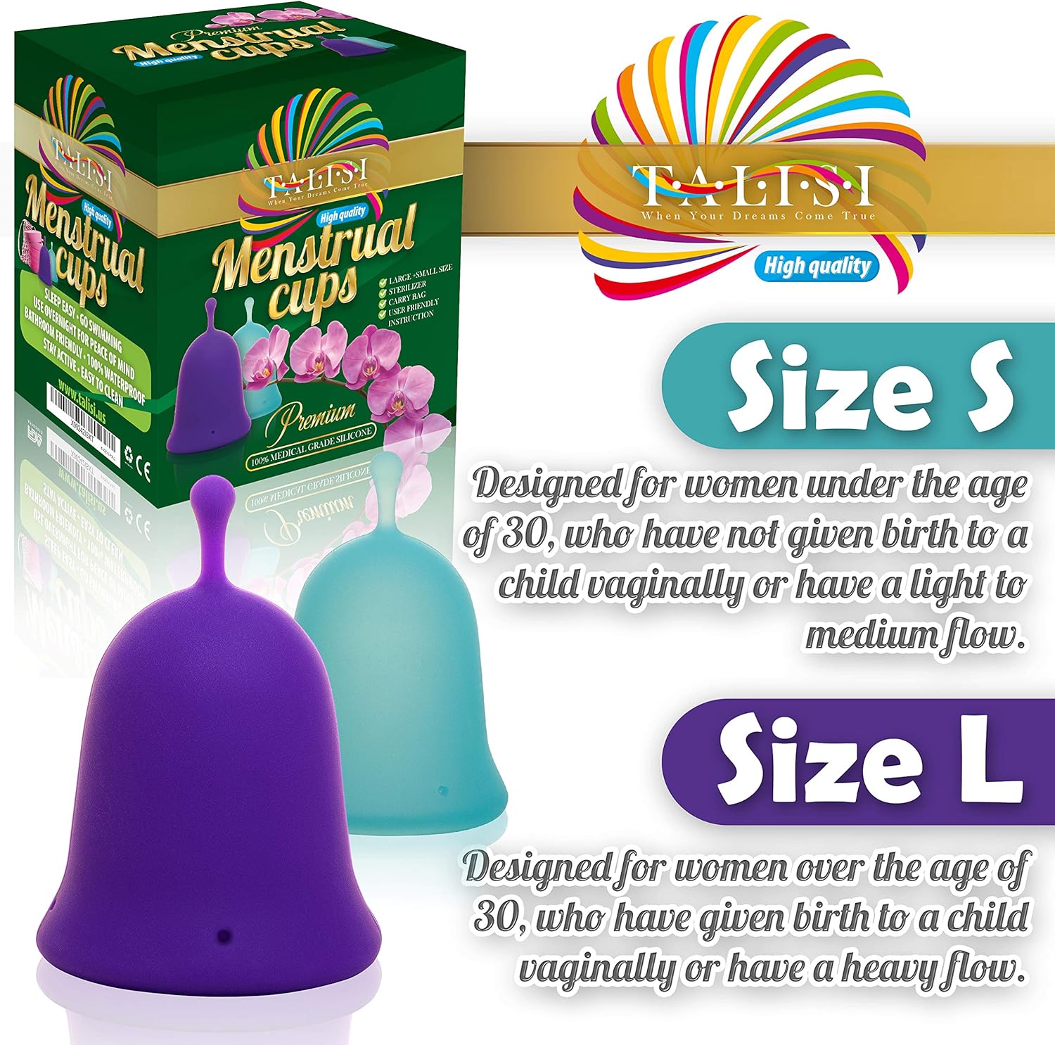 Talisi Reusable Menstrual Cups with Collapsible Silicone Foldable Sterilizing Cup Set of 3 Small Large Sizes Silicone Soft Cups with Sterilizer Feminine Hygiene Period Cup Tampon and Pad Alternative: Health & Personal Care