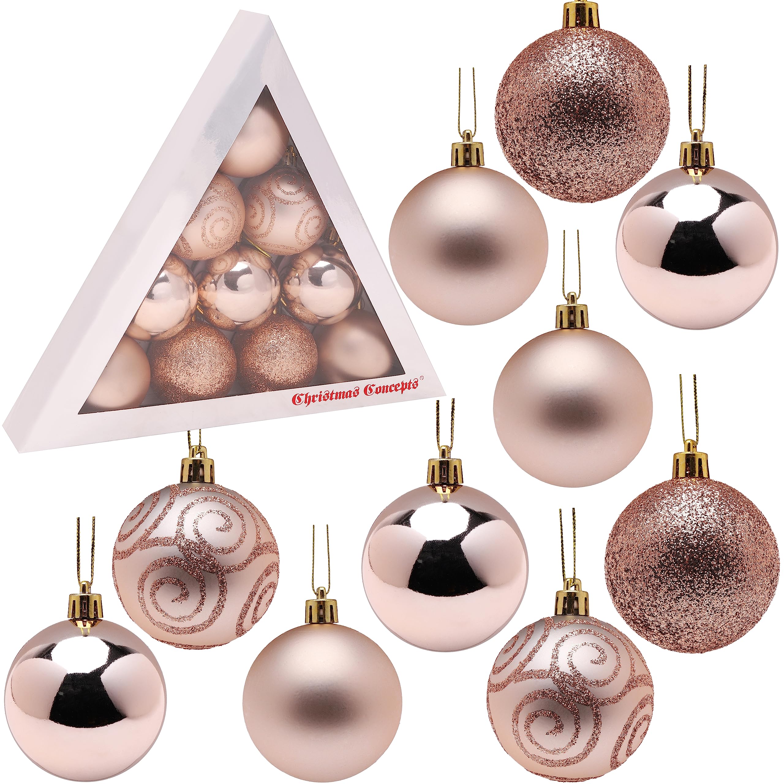 Christmas Concepts® Pack of 10-60mm (2.4") Christmas Tree Baubles - Shiny, Matte & Glitter Decorated Baubles (Champagne Gold)