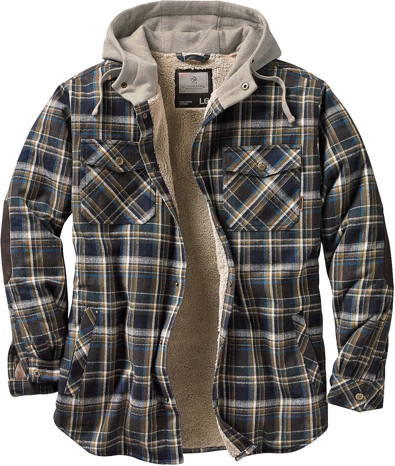 Legendary Whitetails Men's Camp Night Berber Lined Hooded Flannel Shirt Jacket: Clothing
