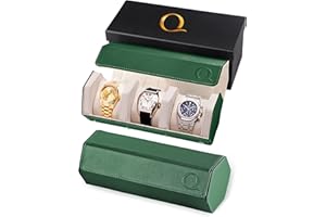 QWATCHBANDS Napa Leather Watch Rolls for Men - Hexagon Triple Watch Roll Travel Case for 3 Watches - Storage Organizer Genuine Leather with Velvet Interior Display (Green/Cream)