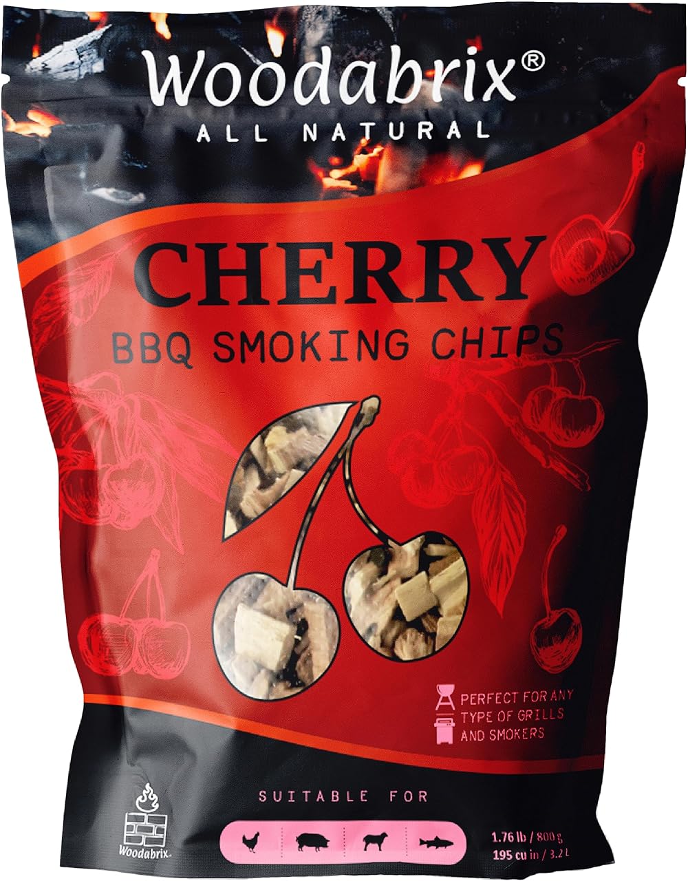 Woodabrix Cherry Wood Chips 800g for Charcoal Gas BBQ Smoker 100% Natural