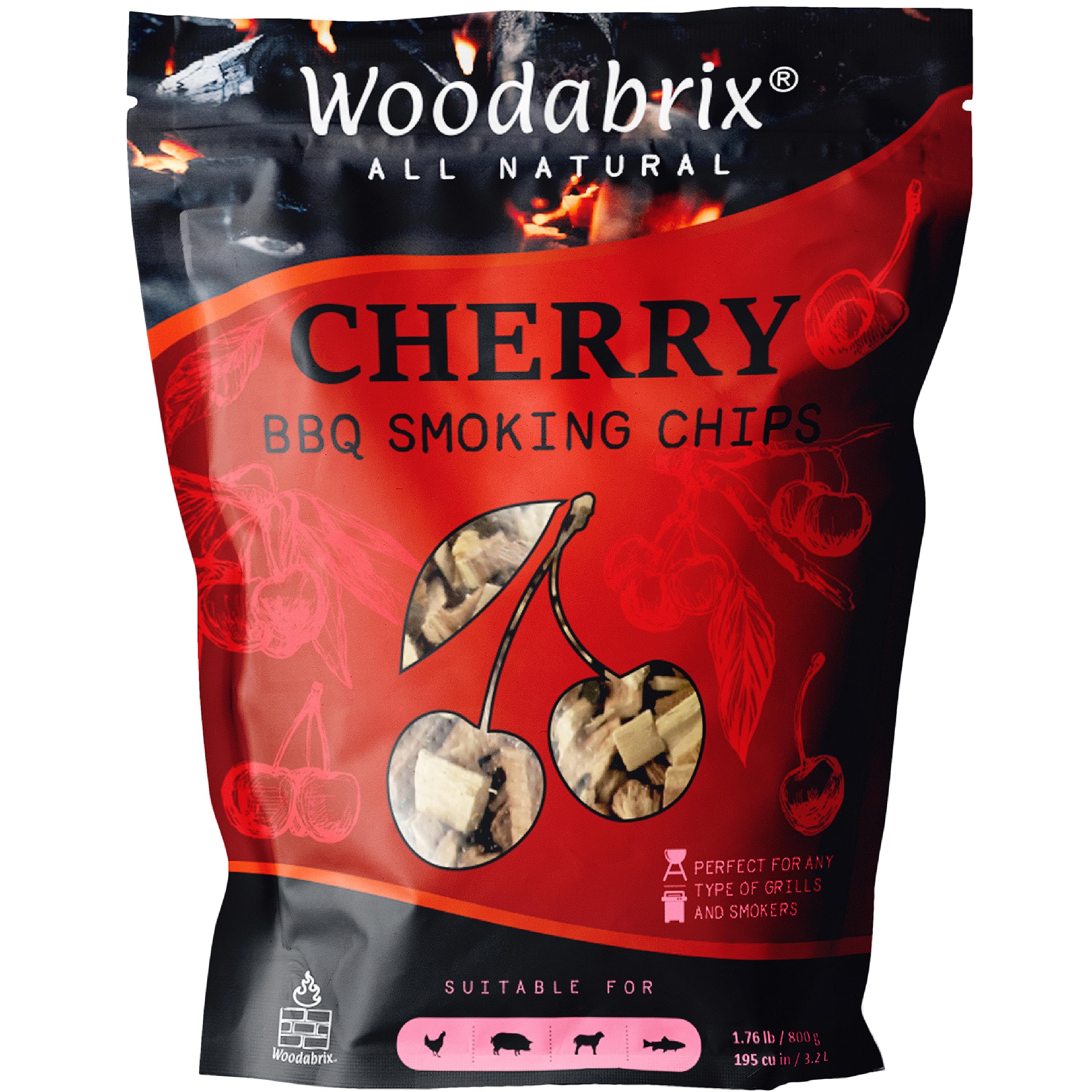 Woodabrix Cherry Wood Chips I BBQ Wood Chips are suitable for Charcoal, Gas and BBQ/Smoker I 100% Natural and Eco-friendly I 800 grams (3.2 Litre / 195 cu in)