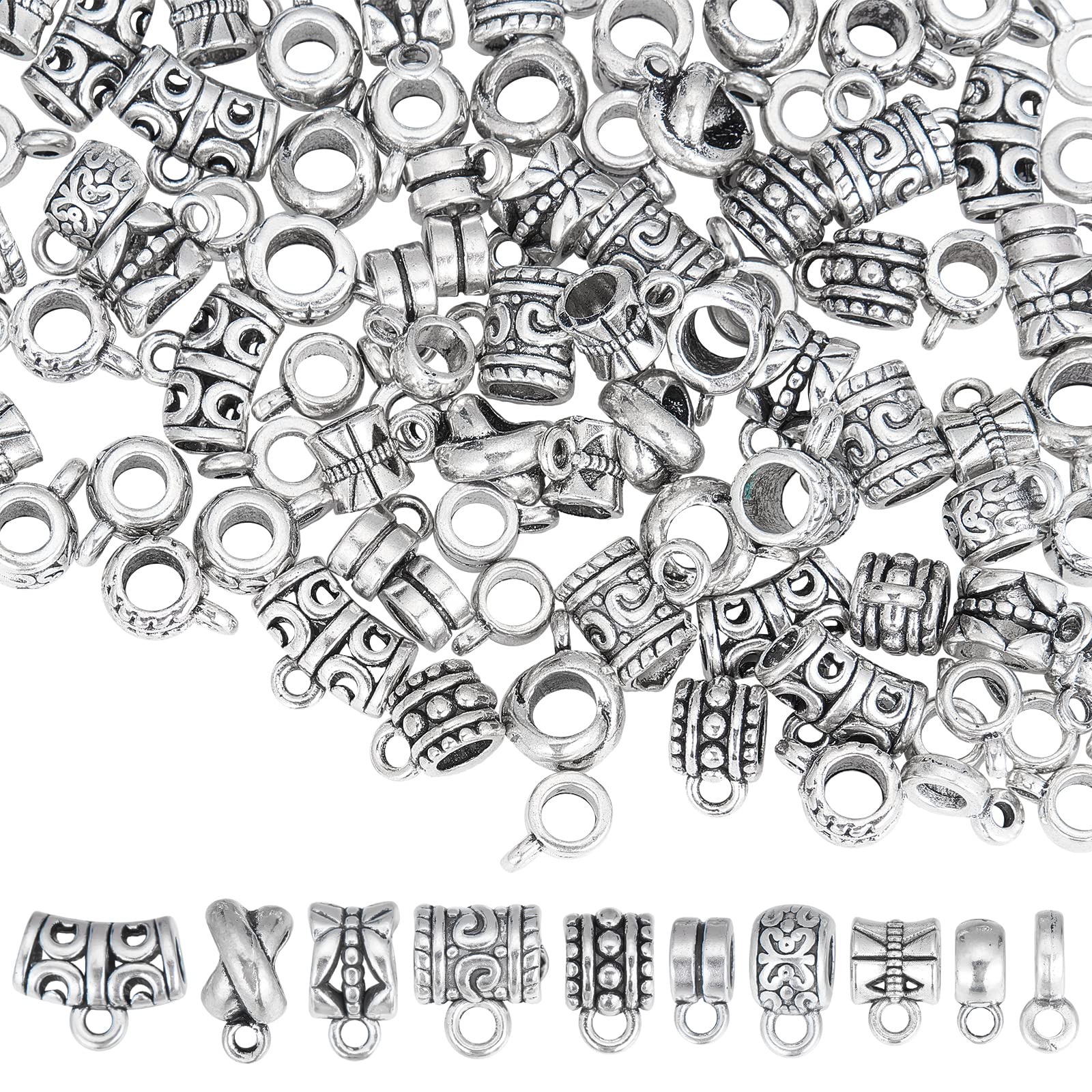 SUNNYCLUE 1 Box 100Pcs 10 Style Bails Beads Silver Connector Bail Bead Tube Hanger European Tibetan Alloy Loop Loose Spacer Large Hole Spacers for Jewellery Making DIY Bracelet Necklace Craft