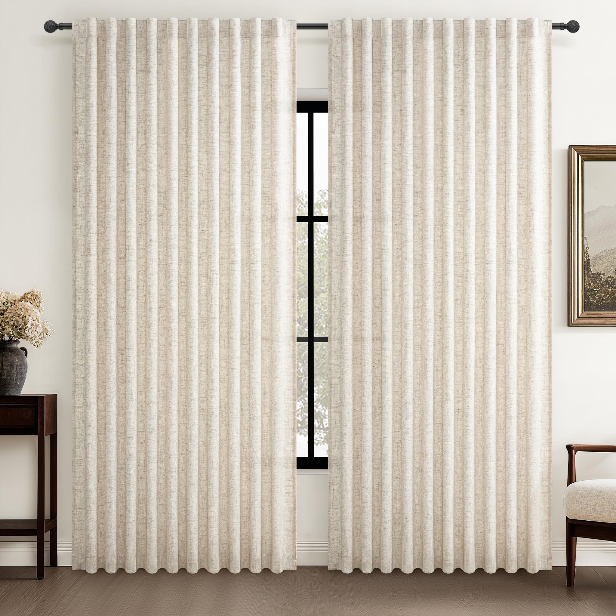 Photo 1 of Birch 70 Inches Extra Wide Sheer Curtains Cream Linen Pleated Living Room 84 Inches Long, Neutral Textured Light Filtering Privacy Sliding Door Thick Drapes for Large Window (70"Wx84"Lx2 Panels Hooks)