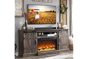 OKD 70" Fireplace TV Stand for 75 80 Inch TV, Farmhouse Highboy Entertainment Center with 30" Electric Fireplace &Sliding Barn Doors, 32" Tall Media Console Cabinet for Living Room, Dark Rustic Oak