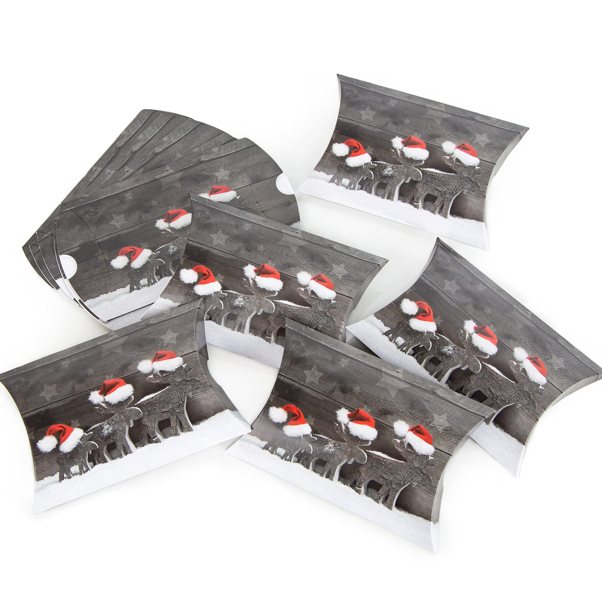 10 small gift boxes, 14.5 x 10.5 x 3 cm, as packaging for Christmas in red, white, grey with, 3 rustic reindeers for Christmas gifts