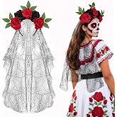 Bigmeta Day of the Dead Flower Crown Headband for Women - Rose/Marigold | Mexican Headpiece, with Black Lace Veil, for Dia De Los Muertos, Halloween Party Costume Accessories