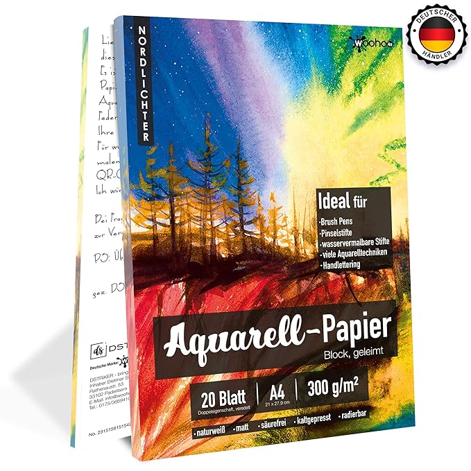 woohoo4u Aquarellpapier, 300 g, DIN A4, 20 Blatt, Weiß, geleimt, Aquarellblock, Watercolour Paper Pad, Malblock für Aquarell,