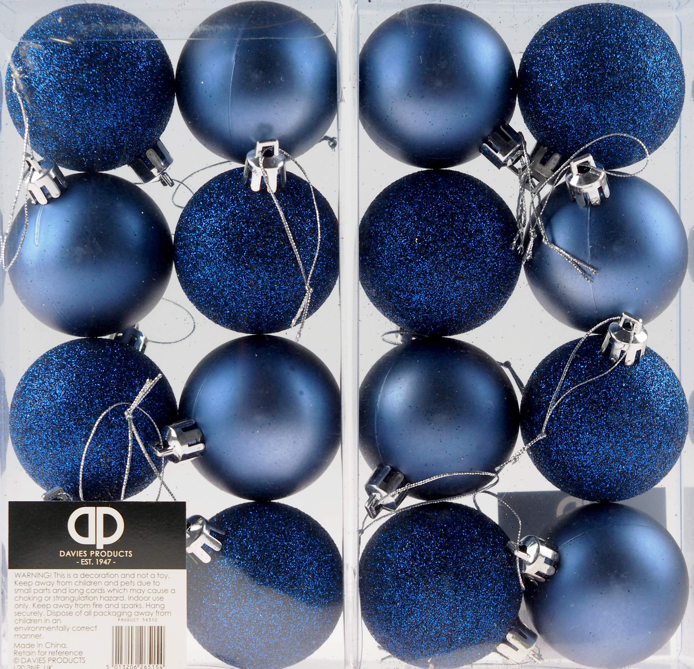 Set Of 16 Midnight Blue Christmas Tree Baubles Decorations - Glitter And Matt Texture