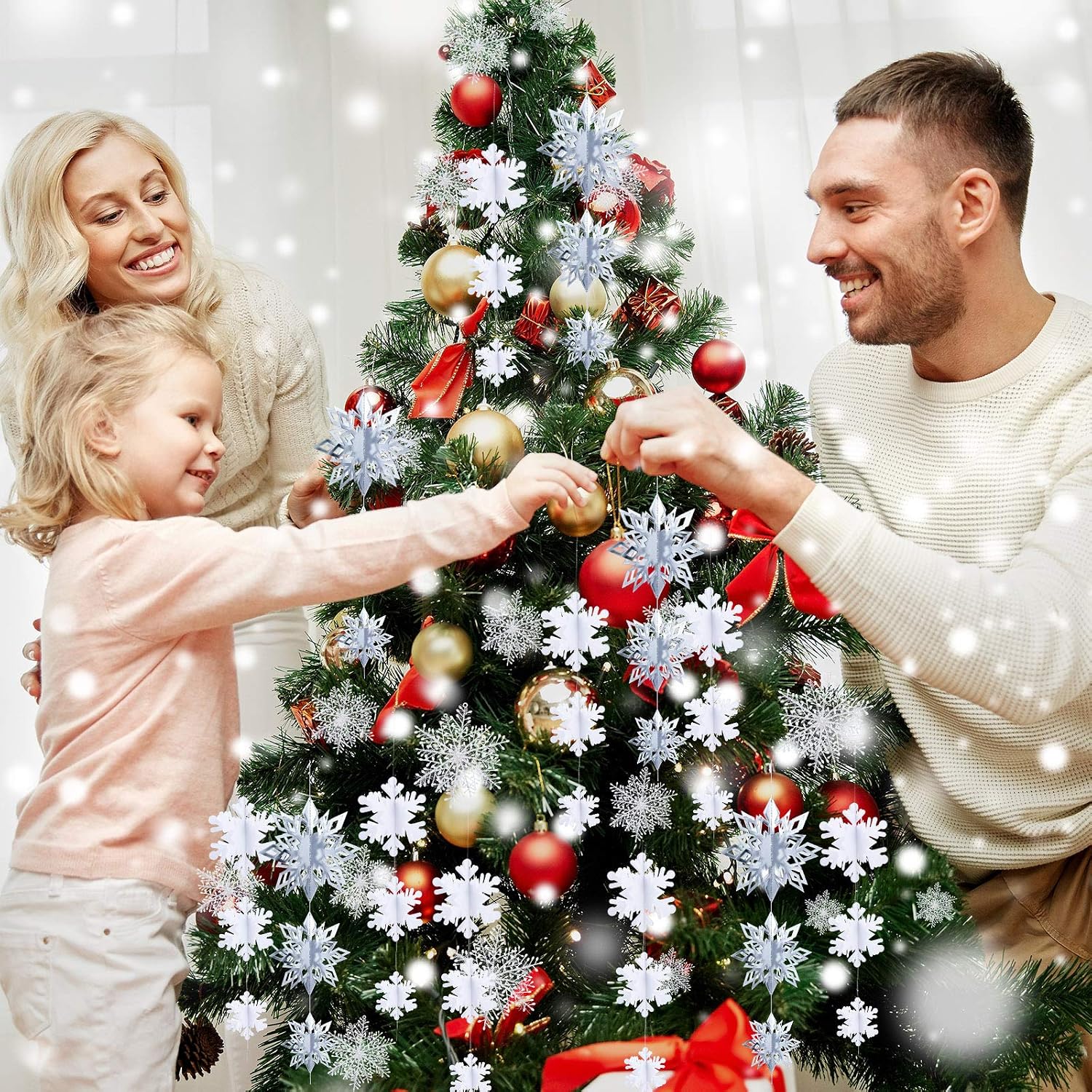 Outus 42 Pcs Winter Christmas Party Decorations 3D Snowflake Hanging Decoration Set 3D Hanging Snowflake Decor Pendant for Christmas Winter Party New Year Home(Assorted Sizes,White - Image 4