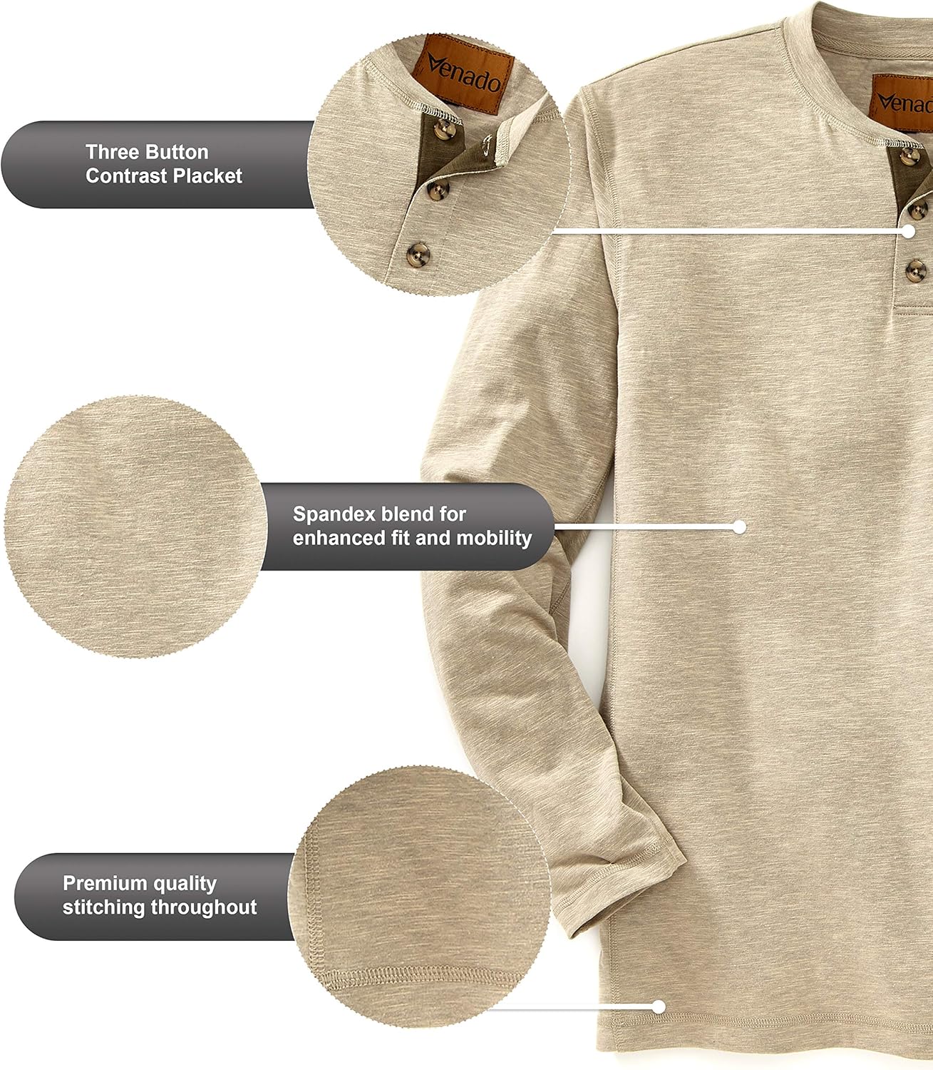 Venado Henley Long Sleeve Shirts for Men - Mens Henley with Flex Material at  Men’s Clothing store