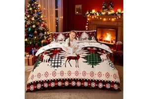 MANFEI Merry Christmas Kids Duvet Cover Set King Size,Deer Pine Tree Snowflake Bedding Set,Girls Boys Adults Room/Xmas Cabin Decor,Geometric Plaid Comforter Cover,Red Black Quilt Cover,3pcs,2 Pillowcases