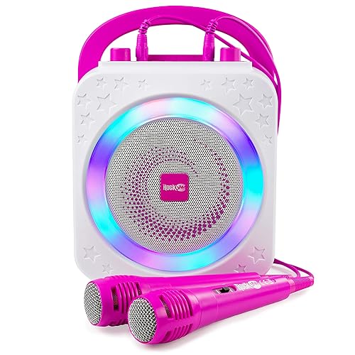 RockJam 10-Watt Rechargeable Bluetooth Karaoke Machine with Two Microphones, Voice Changing Effects & LED Lights - Pink