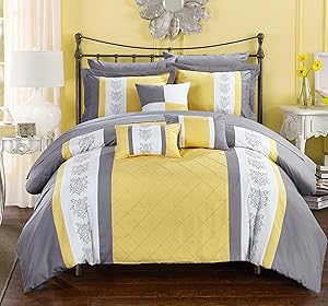 Chic Home 10 Clayton Pintuck Pieced Color Block Embroidery King Bed in a Bag Comforter Yellow with Sheet Set