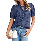 Glamaker Womens Summer Tops Blouse 2026 Casual Eyelet Embroidered Short Puff Sleeve Lace Hollow Out Button Dressy Shirts