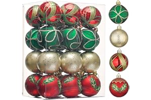 Valery Madelyn Christmas Tree Decorations Set, 24ct Red Green and Gold Shatterproof Christmas Ball Ornaments Bulk, 2.36 Inches Traditional Country Hanging Ornaments for Christmas Trees Xmas Decor