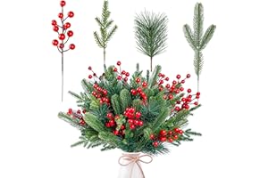 Sggvecsy 60 Pcs Artificial Pine Branches Fake Greenery Pine Picks Artificial Red Berry Stems Christmas Pine Needles for DIY Christmas Garland Wreath Xmas Embellishing Flower Arrangements Decoration