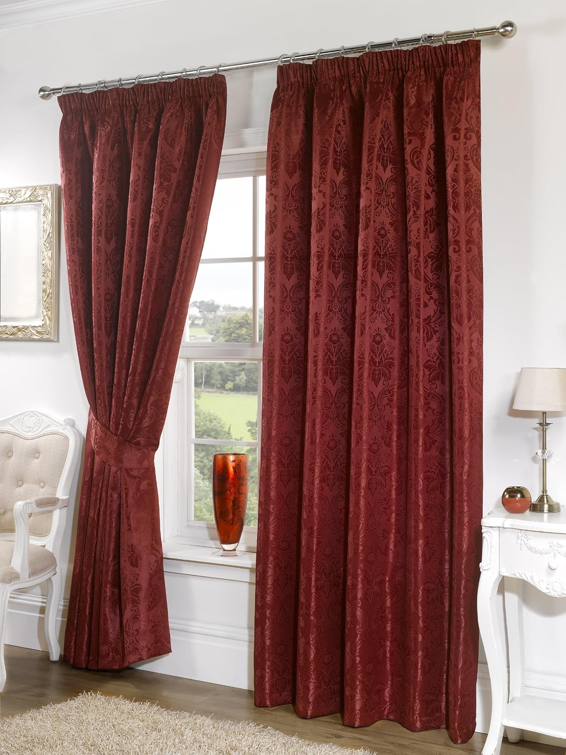 Skippys Seattle Burgundy Curtains 66" x 90" Pair of Floral Damask Print