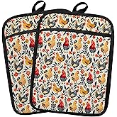 Fyecoluo Boho Floral Chicken Pot Holders 2 Pack Set, Chicken Lover Mom Lady Gifts, Rustic Farmhouse Rooster Hen Heat Resistant Oven Hot Pads for Kitchen Cooking BBQ Countertop Baking,081 Potholder