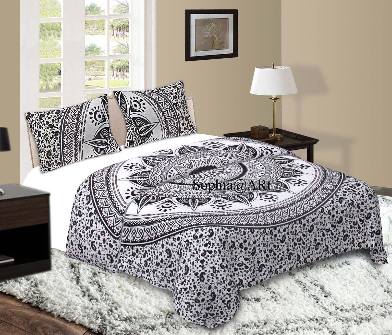 Sophia Art Exclusive Queen Size Ombre Mandala DUVET COVER WITH PILLOWCASES By "Sophia Art " Indian Duvet Doona Cover Queen Size Cover Boho Bedding Set Blanket (Grey)