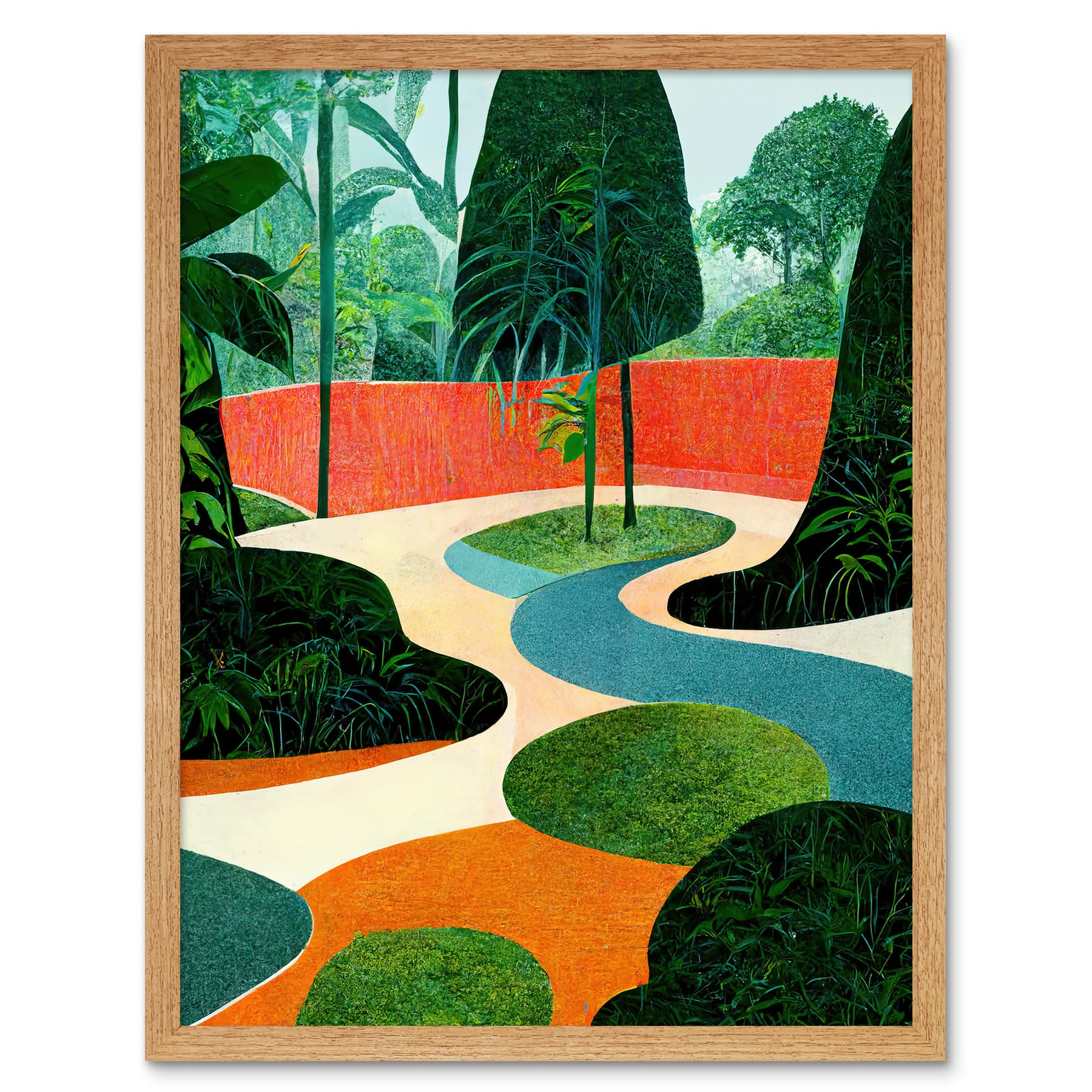 Wee Blue Coo Midcentury Style Garden Abstract Jungle Painting Orange Teal Green Art Print Framed Poster Wall Decor 12x16 inch