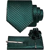 JEMYGINS Mens Solid Color Plaid Tie and Lapel Pin Necktie Pocket Square and Tie Clip with Sets for Business Casual 4PCS