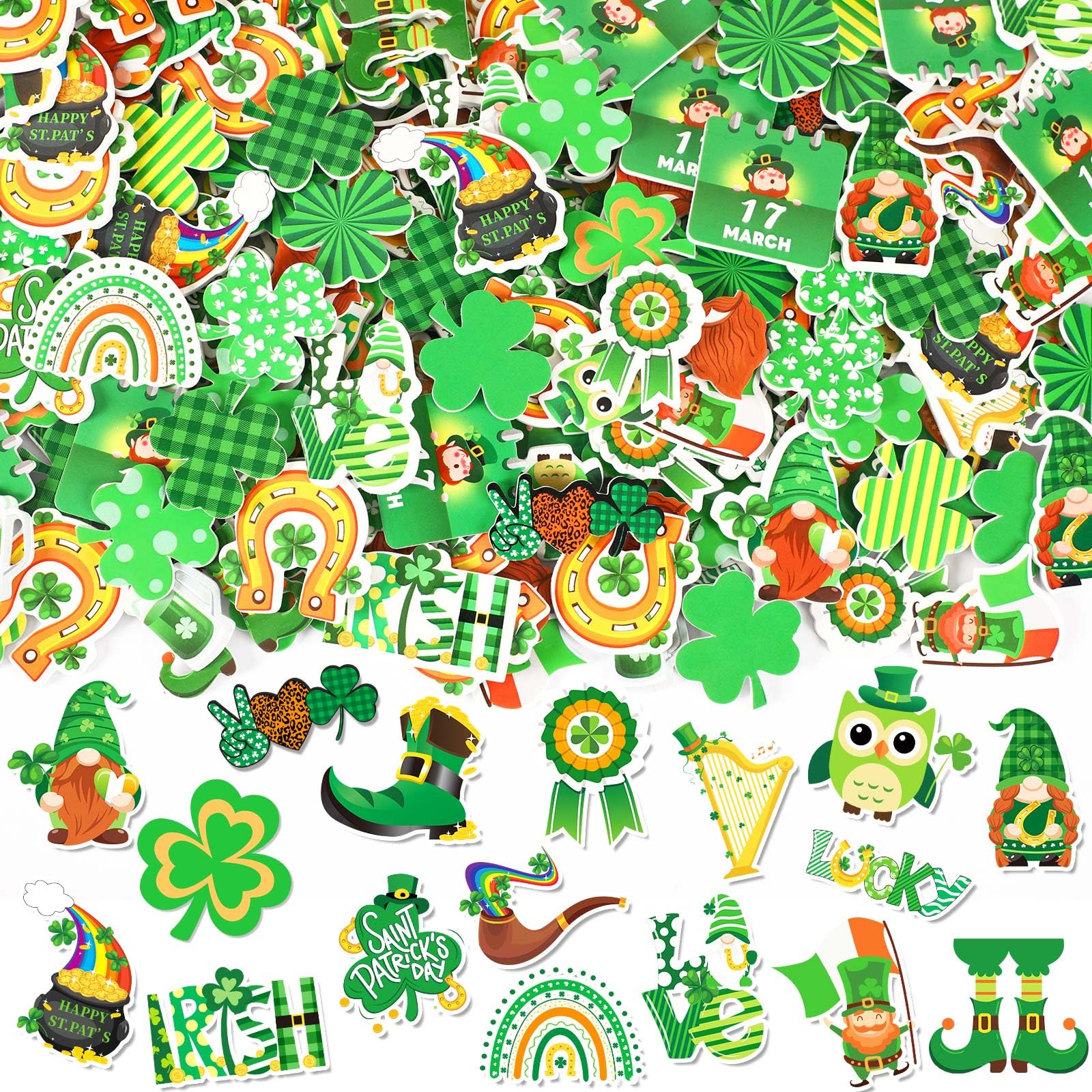 JULBEAR St. Patrick's Day Foam Sticker, 300Pcs Shamrock Colorful Printing Self-Adhesive Campus Themed Foam Stickers for Irish Holiday Kids Party Favors DIY Crafts Decorations