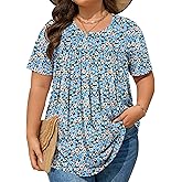 LIXHULT Womens Plus Size Tops Tunic Short Sleeve Round Neck Shirts Pleated Dressy Casual Soft Blouse 1X-5X