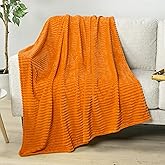 PAVILIA Super Soft Fleece Throw Blanket Orange, Luxury Fuzzy Plush Flannel Throw, Warm Cozy Ribbed Microfiber Blanket for Sofa Couch Bed, Lightweight Striped Blanket, Orange, 50x60