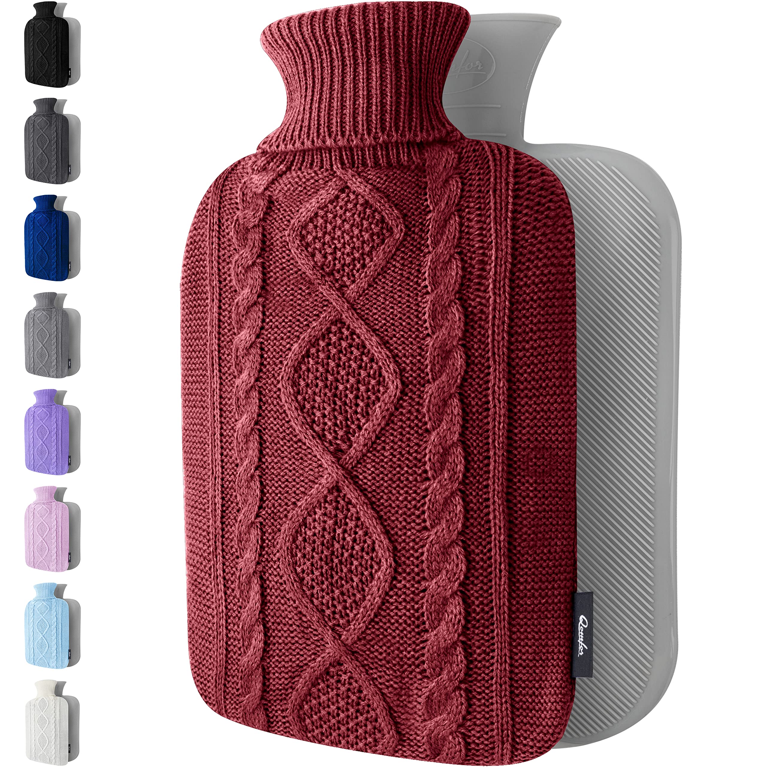 Hot Water Bottle - with Soft Premium Knitted Cover - Burgundy, 2L - Heating Pad for Menstrual Cramps and Period Comfort - Bed Foot Warmer - Hot & Cold Compress for Back, Stomach, Neck Pain Relief