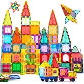 Magnetic Tiles, 122PCS Magnetic Building Blocks with 2 Cars, Large Magnet Building Set,STEM Sensory Educational Toys Gift for