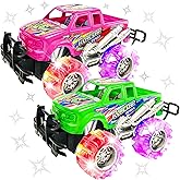 ArtCreativity Pink and Green Light Up Monster Truck Set for Boys and Girls, Set Includes 2, 6 Inch Monster Trucks with Beautiful Flashing LED Tires, Push n Go Toy Cars, Best Gift for Kids, for Ages 3+