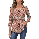 Simlakey Womens 3/4 Length Sleeve Tops Square Neck Dressy Casual Tunic Tops Basic Pleated Shirts Loose Fit Business Blouses